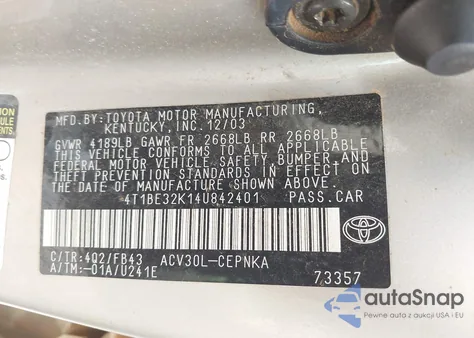 2004 Toyota Camry Le from USA, damaged, VIN 4T1BE32K14U842401